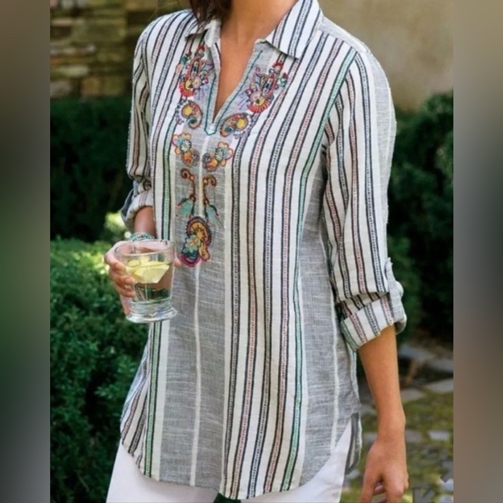 Soft Surroundings Aruba Floral Embroidered Tunic,M/L,Beach, Fall, Weekend